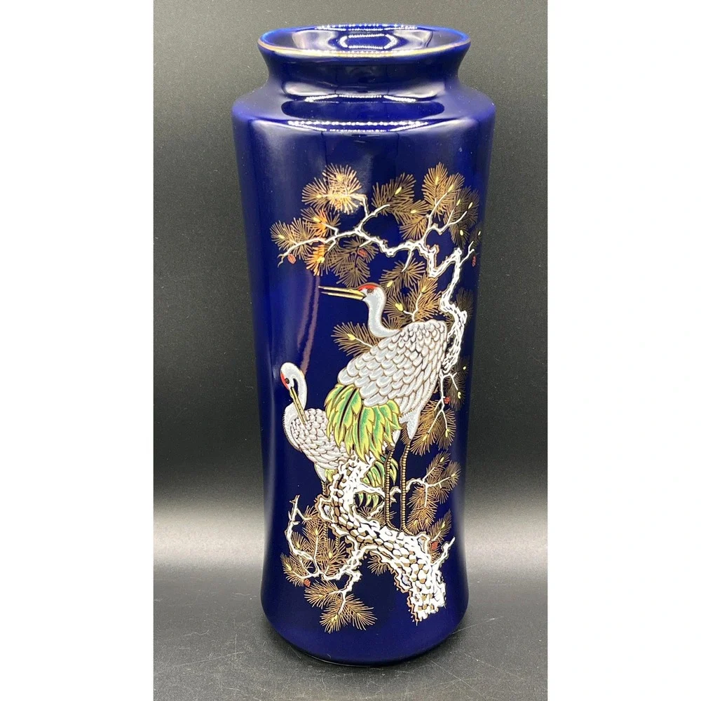 VTG Japanese Cobalt‎ Blue Porcelain Vase Cranes 10.5
